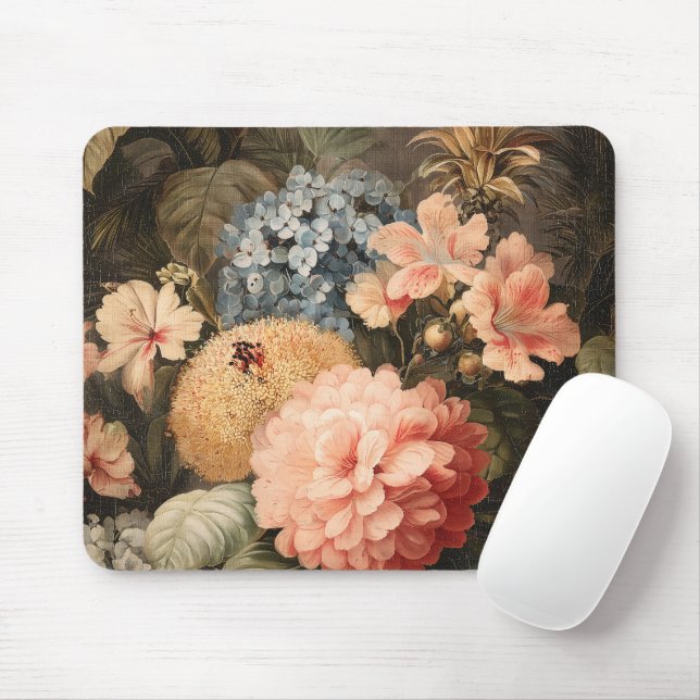 Mousepad Vida Floral Antiga com Flor Vermelha e Branca (Com mouse)