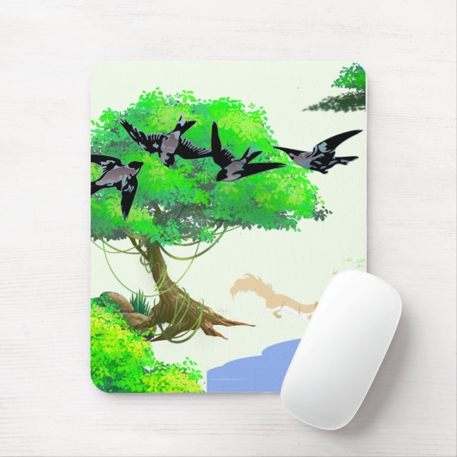 Mousepad Vida na Floresta primavera com Aves e Esquilo - Na (Com mouse)