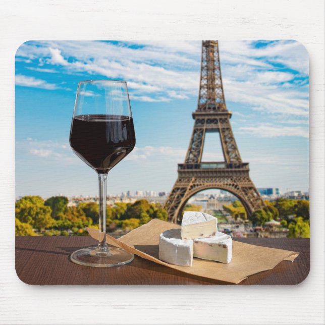 Mousepad Vidro de vinho com queijo ceroso na torre Eiffel (Frente)