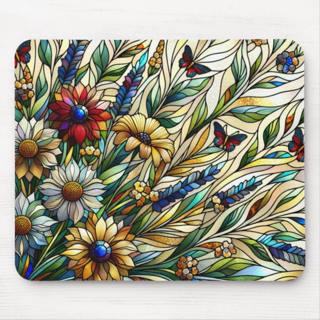 Mousepad Vidro-Design, flores e borboletas (Frente)