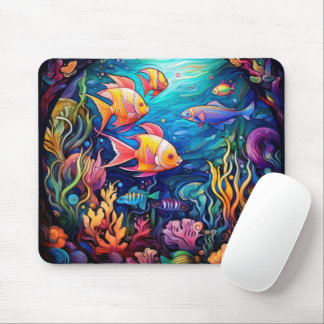 MOUSEPAD VIDRO MANCHADO BRILHANTE OLHAR SUBMARINO COM PEIXE