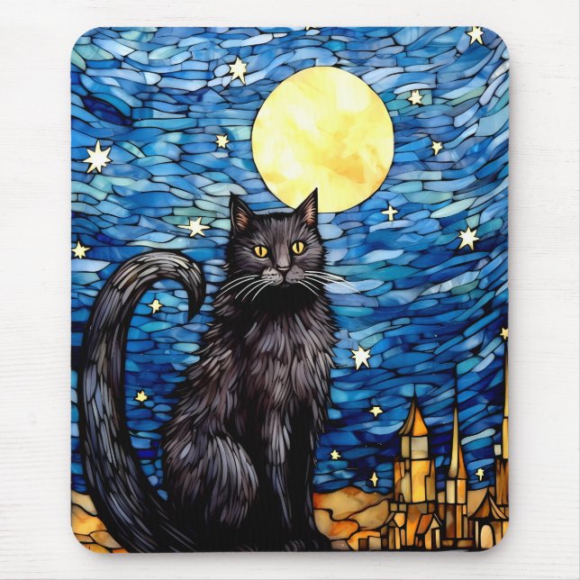 Mousepad Vidro Negra Gato Negra Estrelado Noite Estrelada (Frente)