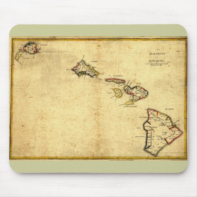 Mousepad Vintage 1837 Mapa do Havaí - Ilhas Havaianas (Frente)