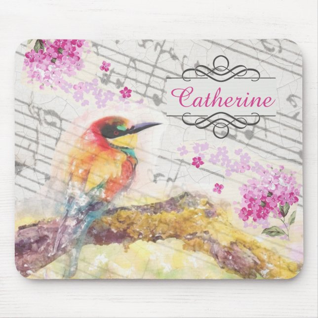 Mousepad Vintage bird on tree rosa flower decoupage (Frente)