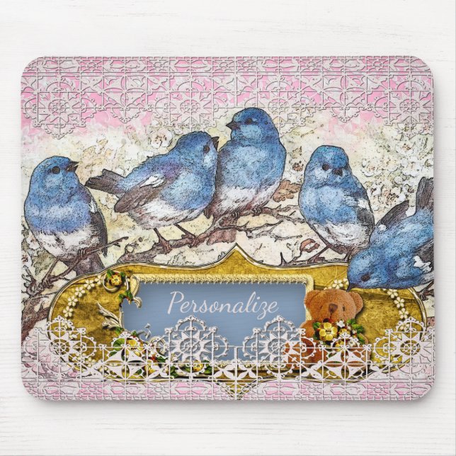 Mousepad Vintage Blue Birds Feliness Computador doméstico (Frente)