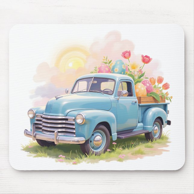 Mousepad Vintage Blue Truck with Easter Eggs & Tulips (Frente)