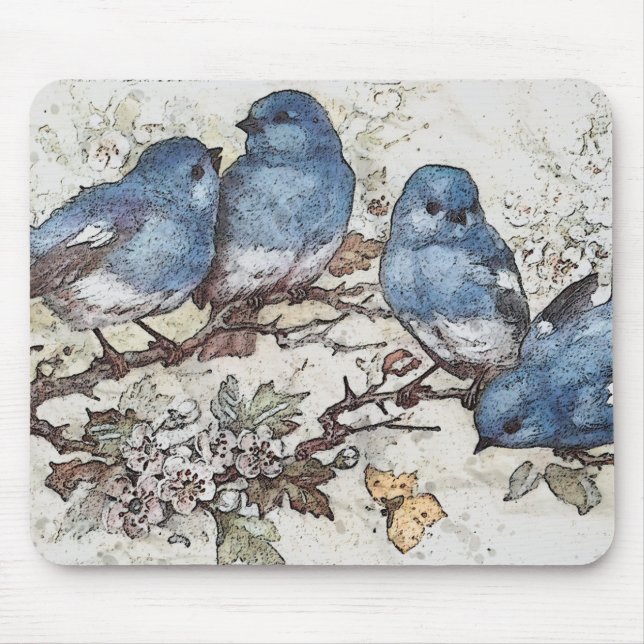 Mousepad Vintage bluebird ilustra aves bonitinhas natureza (Frente)