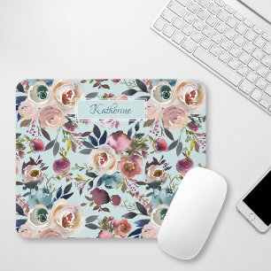 Mousepad Vintage Boho Pintado Rosas Pintados Azul Pintado C