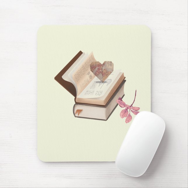 Mousepad  Vintage Book Aesthetic with Heart Map & Botanical (Com mouse)