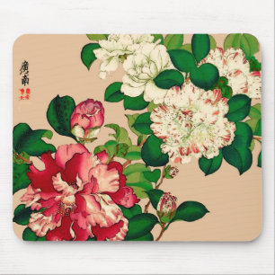 Mousepad Vintage Camellias Japonesas. Rosa Profundo no bege