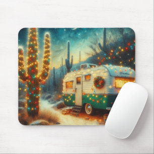 Mousepad Vintage Camper Christmas em Desert Saguaro Cactus