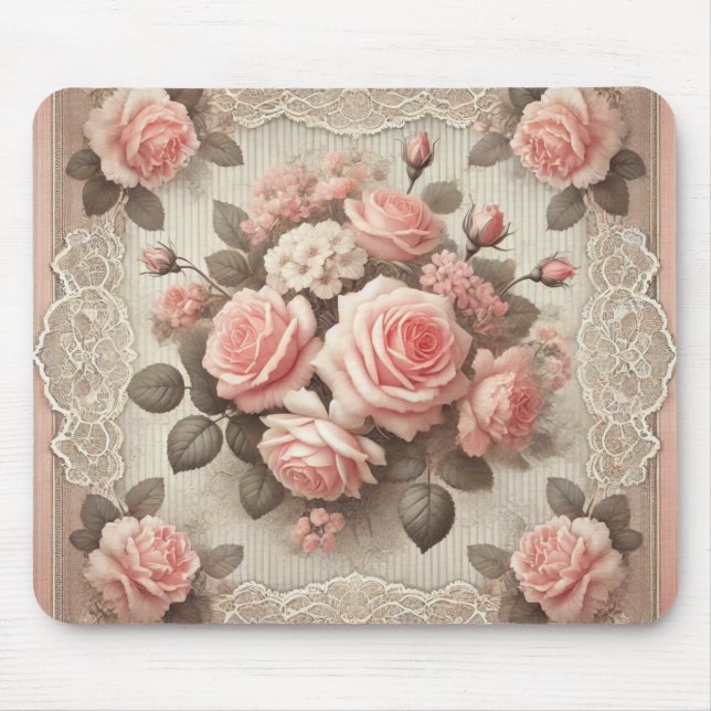Mousepad Vintage Chique Rosa Rosa Floral (Frente)