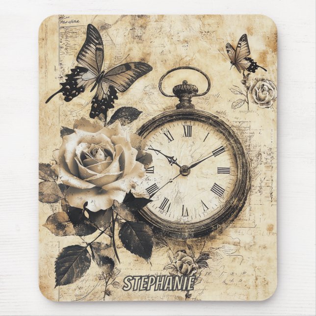 Mousepad Vintage Compass & Butterfly - Papel Russo (2) (Frente)