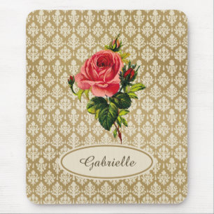 Mousepad Vintage Cor damasco Dourada Rosa Rosa e Nome
