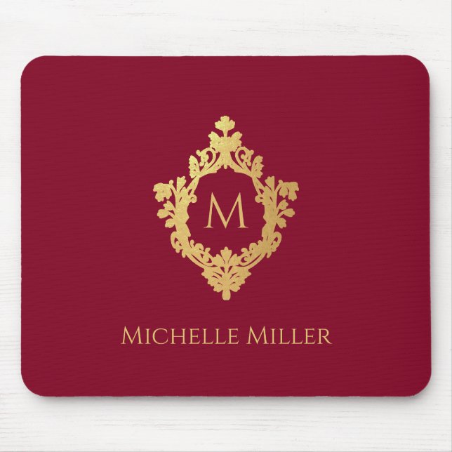 Mousepad Vintage Crest Burgundy Faux Dourado Monograma Eleg (Frente)