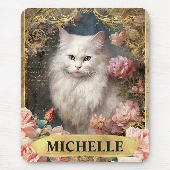 Mousepad Vintage de aquarela, rosas brancas e rosa (Frente)