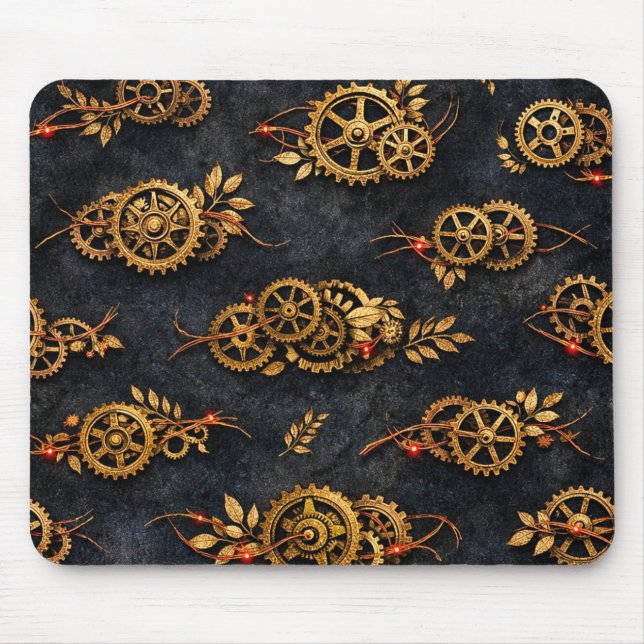 Mousepad Vintage Gold Gears & Red Neon Mythic Cyberpunk  (Frente)