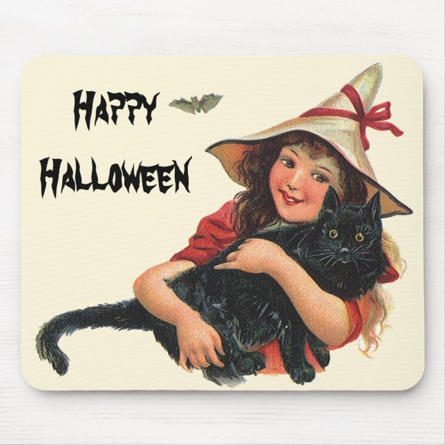 Mousepad Vintage Halloween, Bruxa Menina com Gato Negro (Frente)
