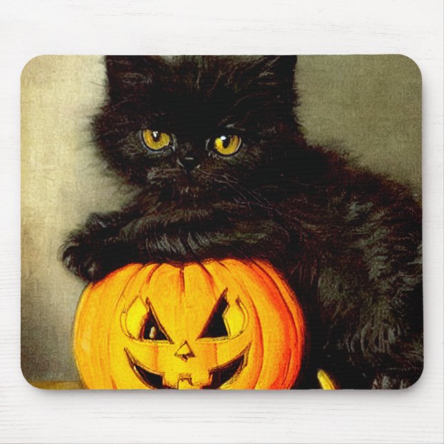 Mousepad Vintage Halloween Cat e Jack-o'-lantern (Frente)