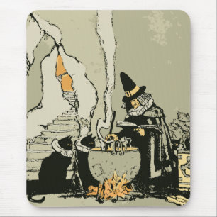 Mousepad Vintage o Dia das Bruxas, bruxa com caldeirão e