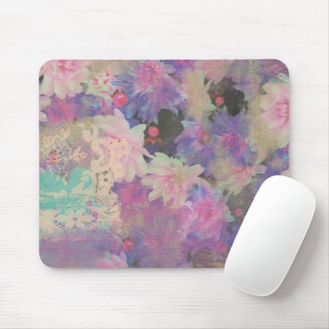 Mousepad Vintage Pink Purple Lace linda flor (Com mouse)