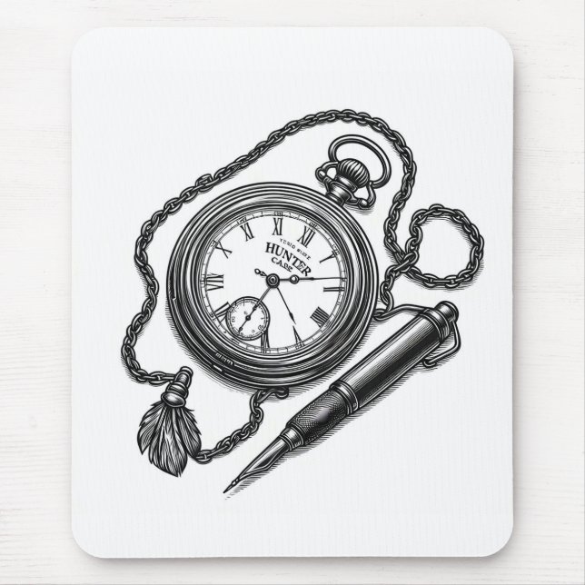 Mousepad Vintage Pocket Watch & Caneta Sketch Art (Frente)