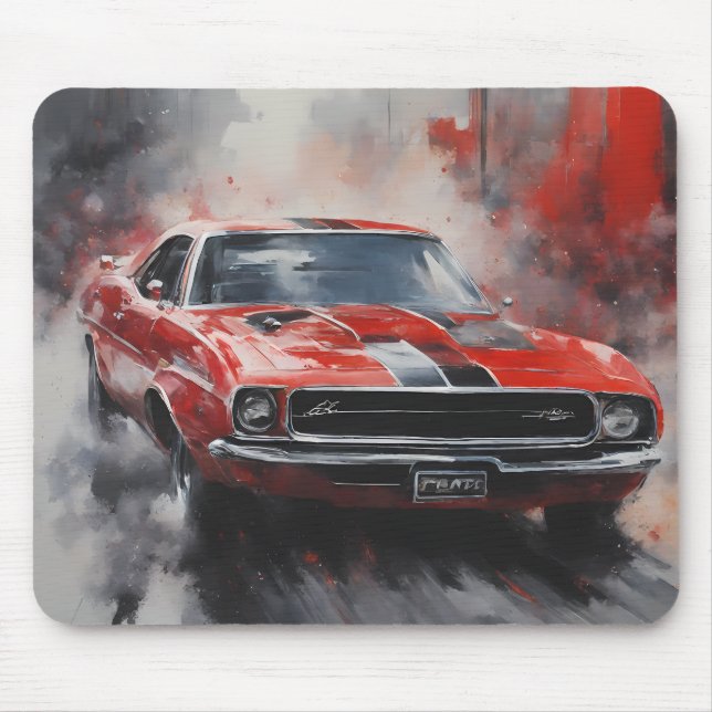 Mousepad Vintage Red Muscle Car com faixa prateada (Frente)