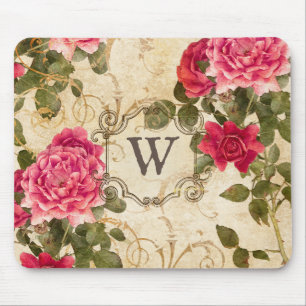 Mousepad Vintage Rosa Floral Vermelho Rosa Damask Monograma