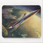 Mousepad Vintage Science Ficeship Airplane Earth<br><div class="desc">Imagem de vintage: viagem de ficção científica futurista e imagem de transporte. Uma nave espacial que se parece com um avião moderno (semelhante ao ônibus espacial) decolando da Flórida sobre o oceano Atlântico e a Terra do planeta. Voando para o céu e para a atmosfera superior. Um clássico design de...</div>