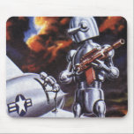 Mousepad Vintage Science Ficting Soldados Robôs Militares<br><div class="desc">Imagem de robô militar com Ficção Científica futurista Vintage. Um soldado alienígena hostil segurando uma espingarda e em frente a uma aeronave ou avião militar com uma estrela. Ele está num planeta desolado pronto para entrar em guerra com fumaça, fogo e explosões. Hora de lutar e lutar contra os aliens...</div>