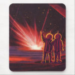 Mousepad Vintage Science Fiction Alienígena Red Planet Expl<br><div class="desc">Imagem de Vintage,  ilustração futurista Science Fiction com astronautas alienígenas amigáveis acenando. Eles estão em um planeta ou lua vermelho com bolas de fogo explosivas que se parecem com fogos de artifício. Um clássico design de quadrinhos retrô 50 de ficção científica.</div>