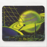 Mousepad Vintage Science Fiction Neon Green Planet w Rings<br><div class="desc">Vintage illustration futuristic Science Fiction planets and outer space image. A space station with astronaut aliens on a moon with a view of a big neon green planet with rings. A classic 50s retro sci fi comic book design.</div>