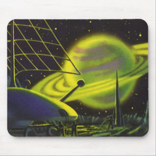 Mousepad Vintage Science Fiction Neon Green Planet w Rings