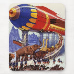 Mousepad Vintage Science Fiction, Noah's Ark Wild<br><div class="desc">Vintage ilustration science fiction futurística viagem e transporte imagem de história de bíblia religiosa. Uma espaçonave moderna do Arco de Noé com pares de animais selvagens (elefantes, girafas, leões, aves etc.) caminhando sobre conselhos e soldados guardando as pessoas de volta. Um clássico design de ficção científica de quadrinhos retrógrados do...</div>