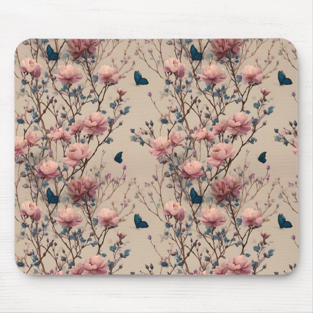 Mousepad Vintage Spring Roses with Blue Butterflies (Frente)