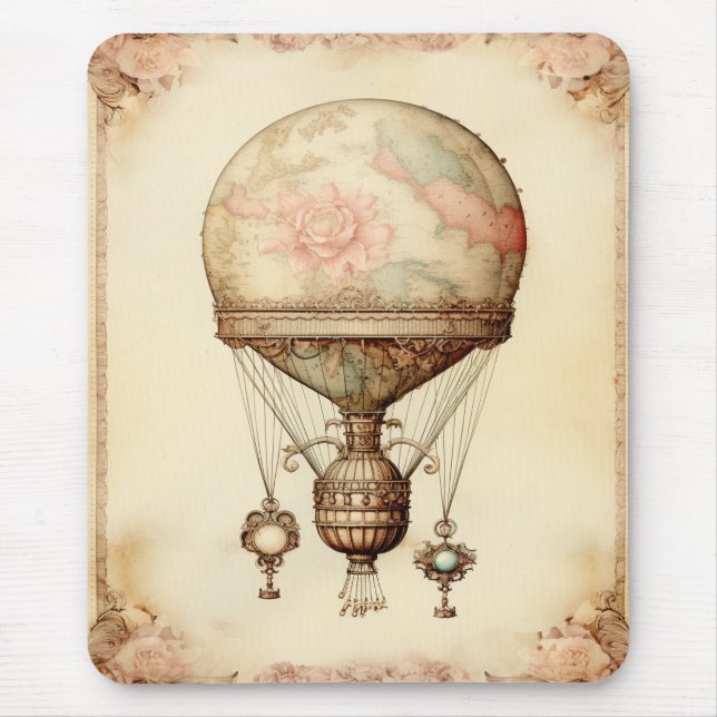 Mousepad Vintage Steampunk Floral Hot Air Balloon (Frente)