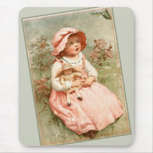 Vintage Victorian Girl with Doll Butterflies Sage