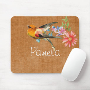 Mousepad Vintage Watercolor Floral Bird Personalizado