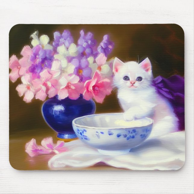 Mousepad Vintage White Kitten com Fita Roxa (Frente)