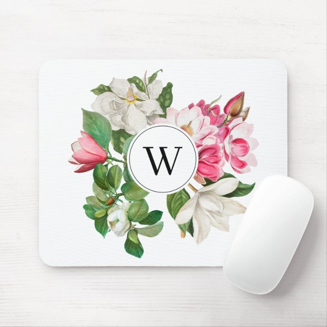 Mousepad Vintage White & Pink Magnolia Flowers Monograma (Com mouse)