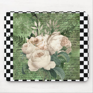 Mousepad Vintage White Roses & Checkerboard