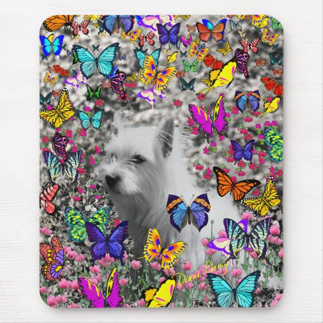 Mousepad Violeta nas borboletas - cão branco de Westie (Frente)