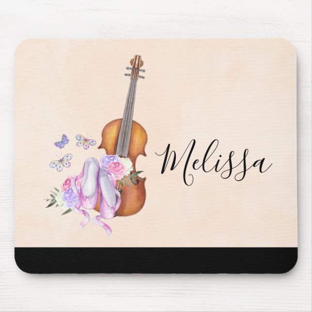 Mousepad Violino, Calçados Balés, Flores e Borboletas (Frente)