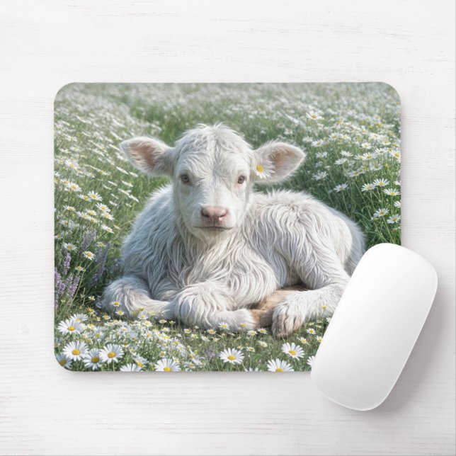 Mousepad Vitelo Escocês Branco Em Daisy Meadow (Com mouse)