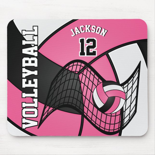 Mousepad Voleibol 🏐 Esporte a Rosa Quente, Branco e Negro (Frente)