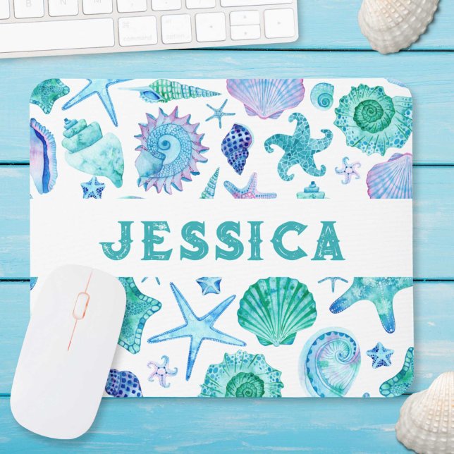 Mousepad Watercolor Beach Sea Shels and Starfish Monograma (Watercolor Beach Sea Shells and Starfish Monogram Mouse Pad)