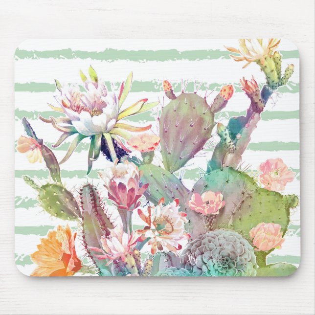 Mousepad Watercolor Cactus Floral Striper Design (Frente)