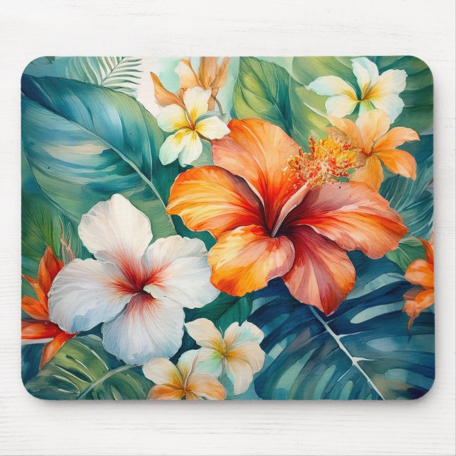 Mousepad Watercolor Havaiano Garden Tropical Hibiscus (Frente)