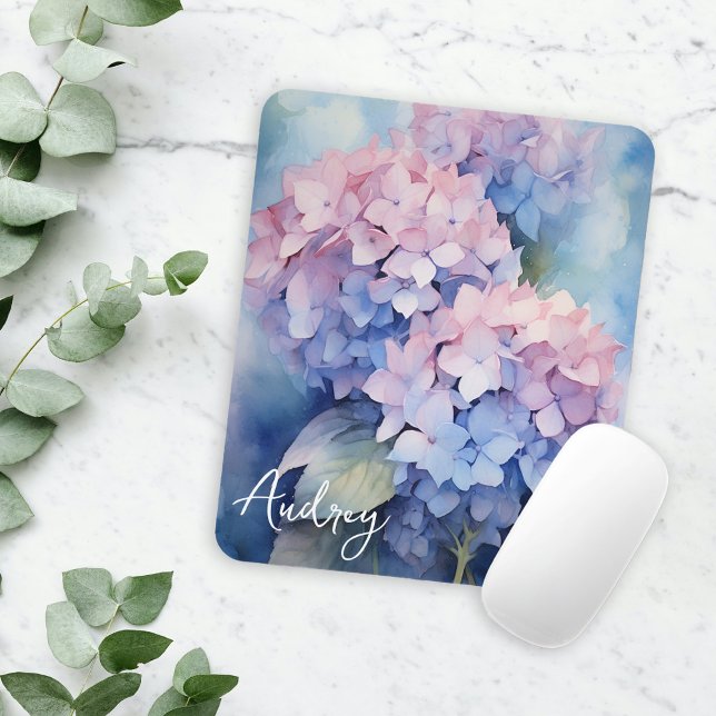 Mousepad Watercolor Hydrangea Pink Purple Name Modelo (Criador carregado)