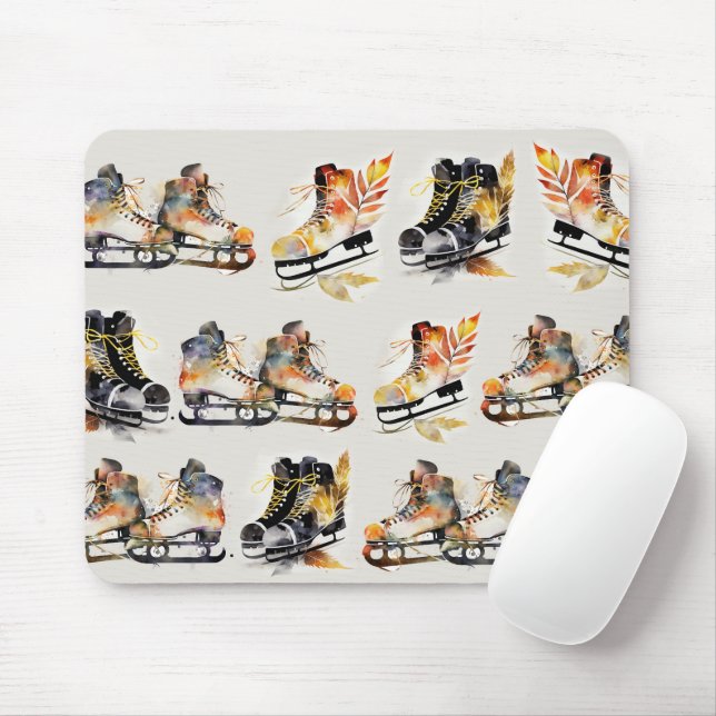 Mousepad Watercolor Ice Skates with Autumn Leaves Pattern   (Com mouse)